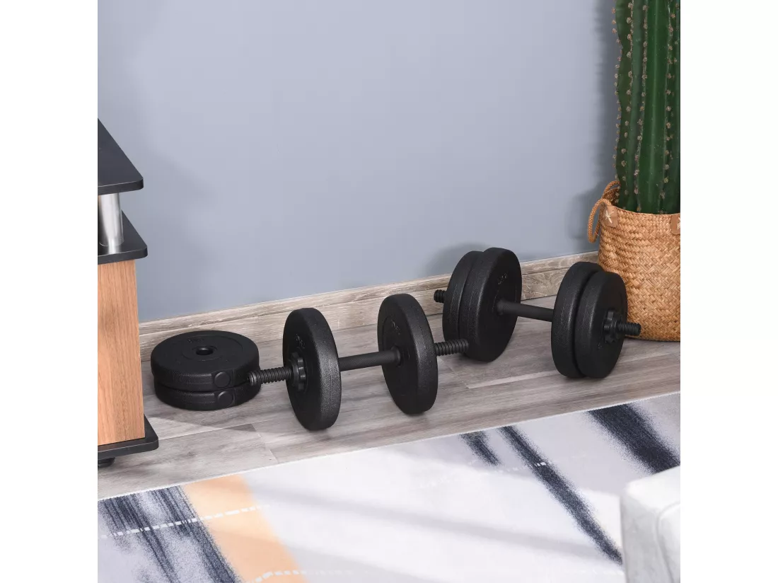 Ensemble d'haltères courtes total 20 Kg - barres incluses - entraînement musculaire & haltérophilie - acier HDPE noir