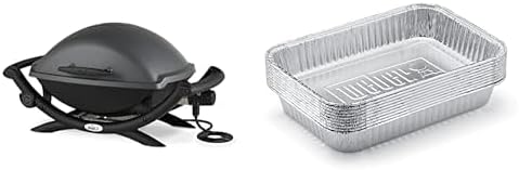 Weber Q2400 Barbecue électrique avec support + tablettes latérales, surface de cuisson 54 x 39 cm, grille en fonte émaillée (2 parties), couvercle et cuve en fonte d'aluminium - Gris foncé (55020053)