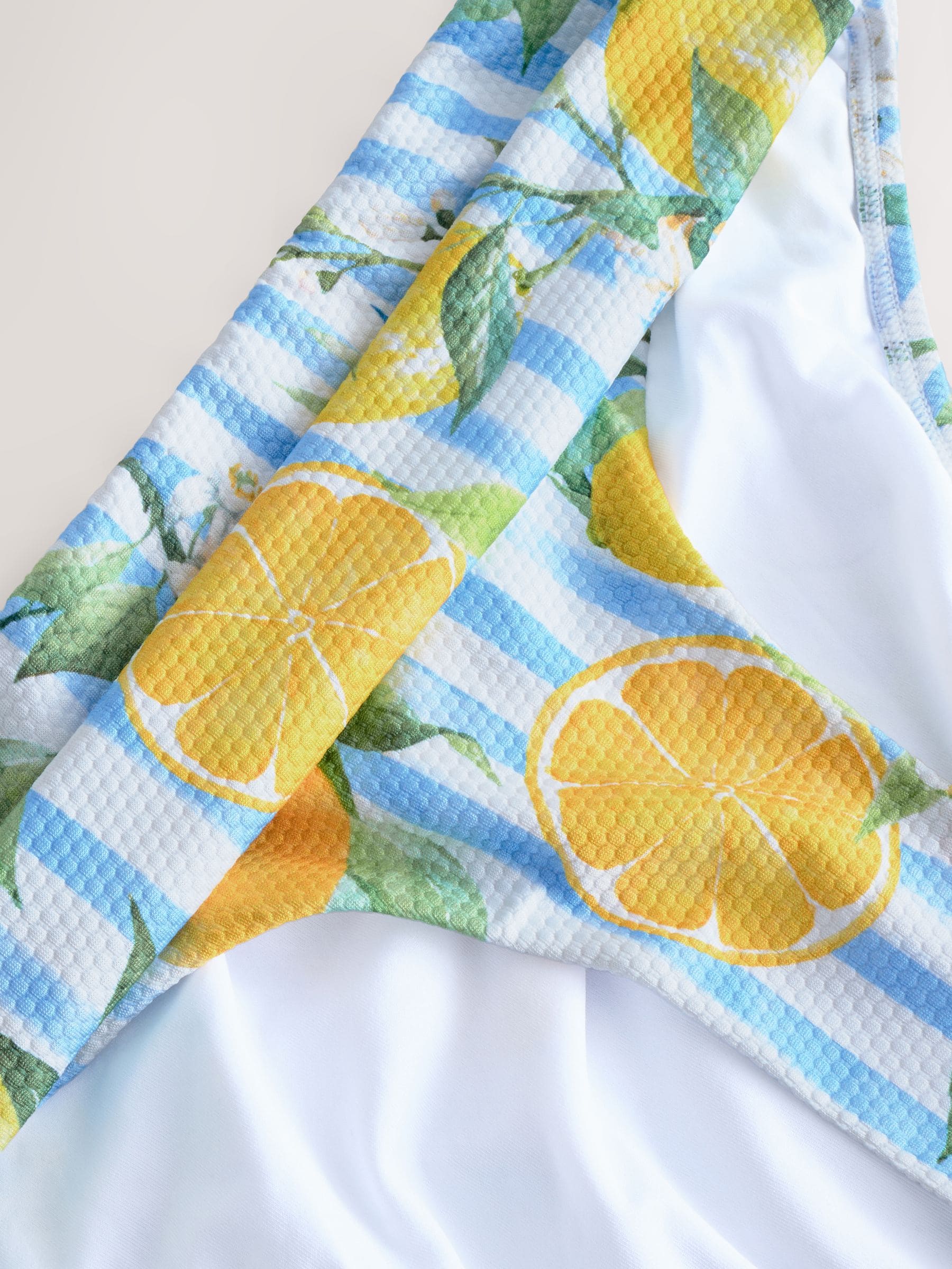 Wit/Blauw Piqué Strepen Citroenprint - Bikinibroekje met omgerolde bovenkant