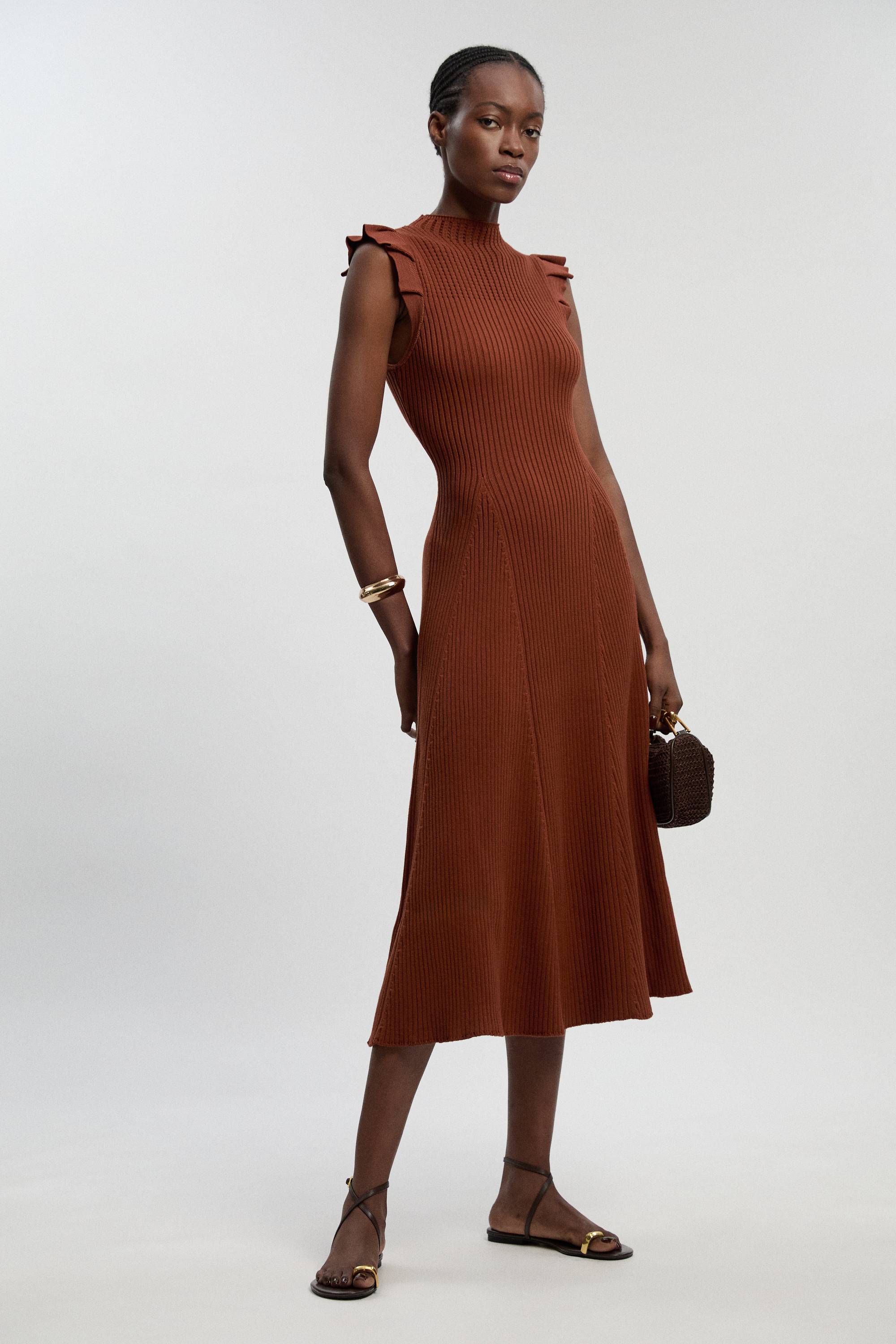 KarenMillen Robe Midi Tricotée À Manches À Volants En Pointelle Petite Taille