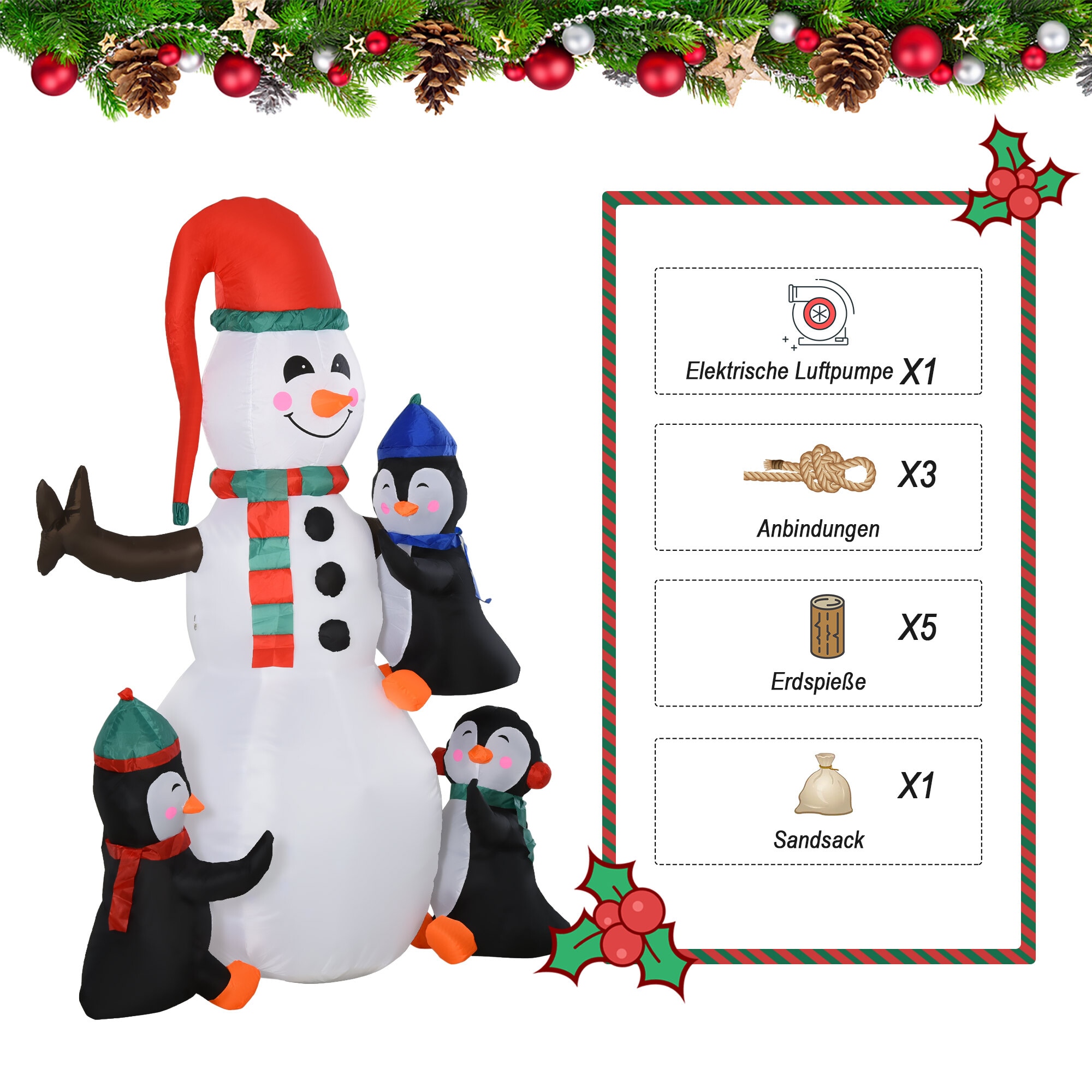HOMCOM Aufblasbarer LED Schneemann mit 3 Pinguinen bunt 140 x 70 x 180 cm (BxTxH)