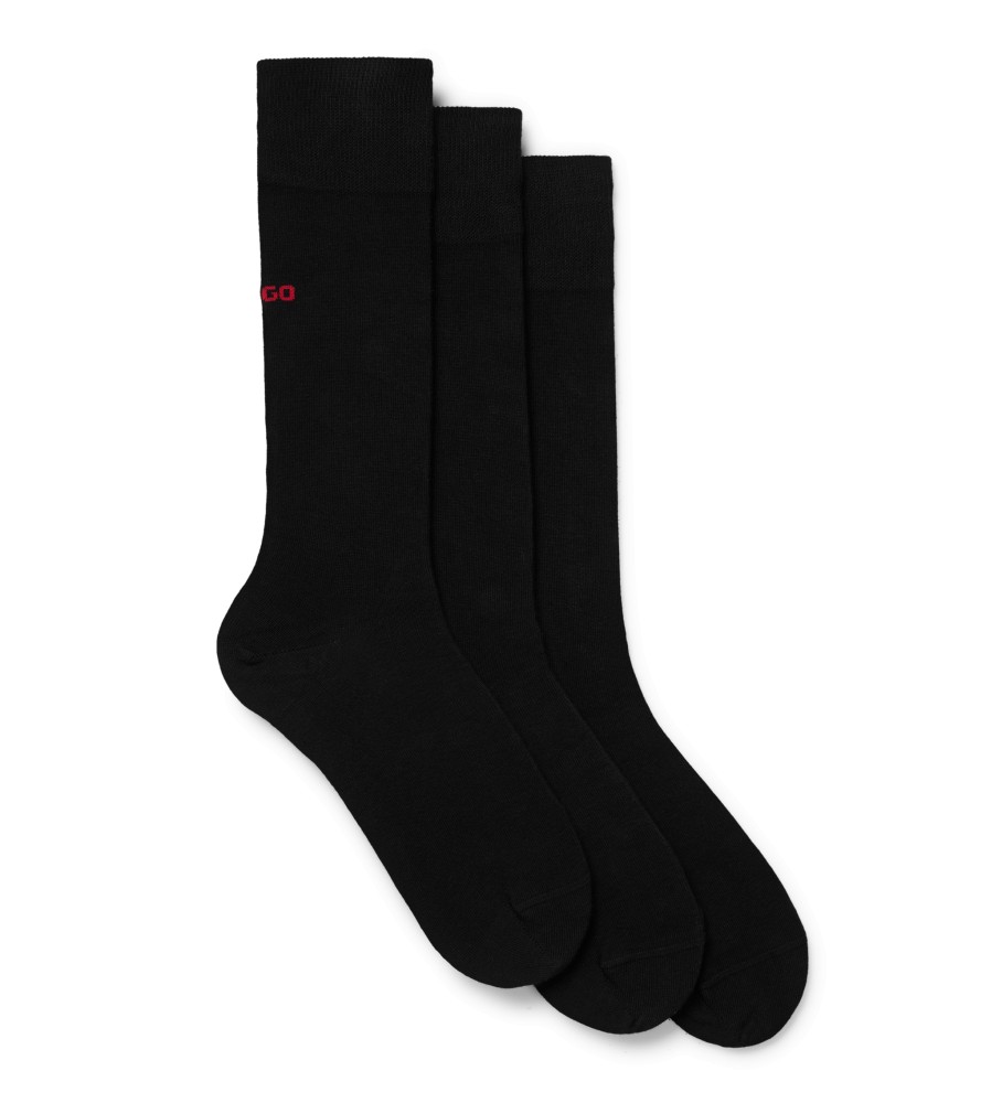 Pacote com 3 pares de meias compridas padrão HUGO, pretas.