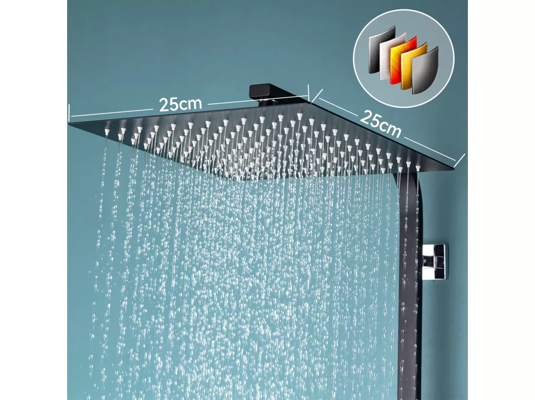AURALUM MAX Colonne de Douche Noir Carré (Sans Robinet) 2 Fonctions Ensemble de Douche avec Douchette à Main, Hauteur Réglable 69 - 113 cm