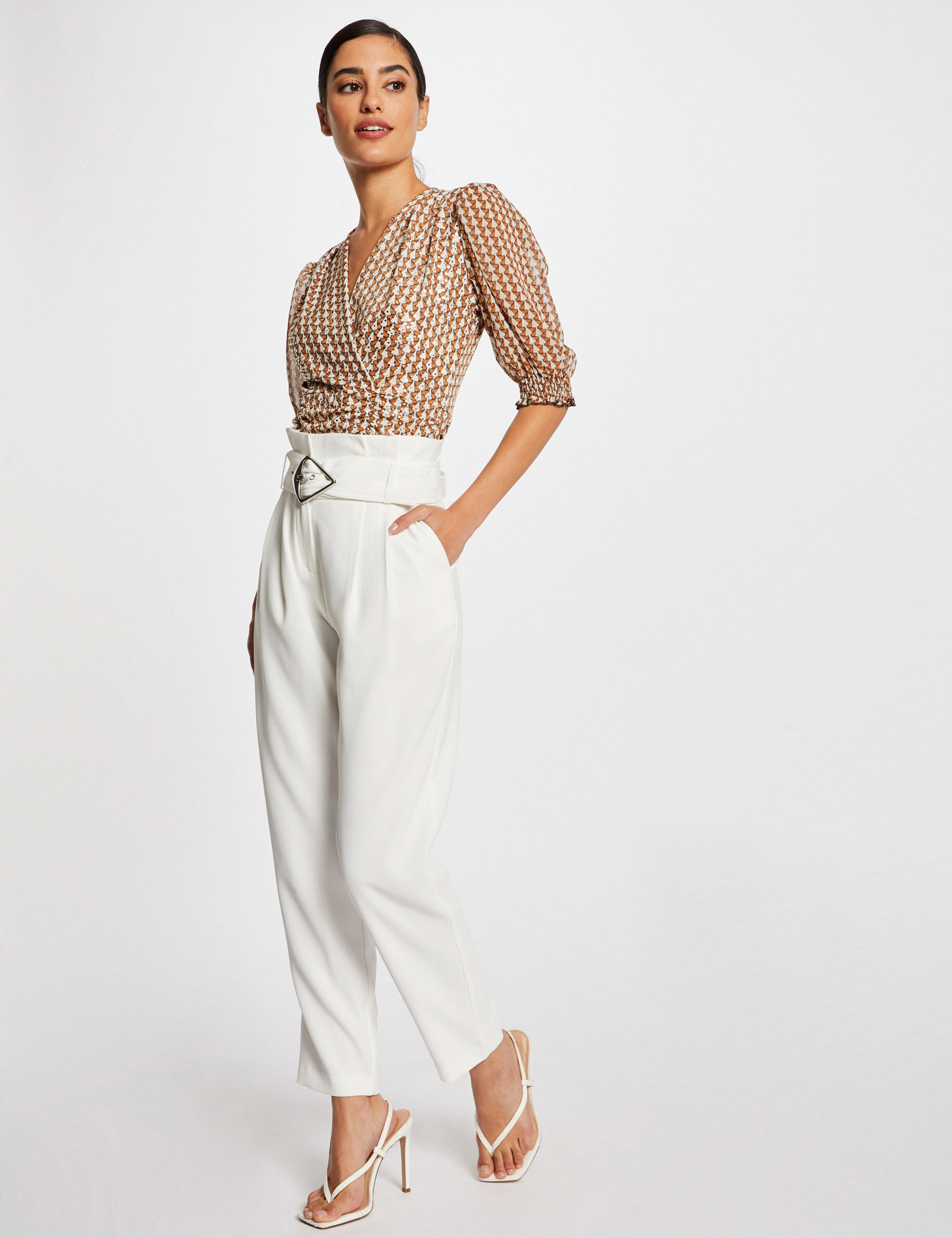 Pantalon paperbag 7/8ème ecru femme - ecru