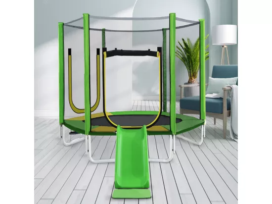 Trampoline Ø213 cm - avec toboggan, escalier, 2 porte et filet de sécurité - charge max 100kg - Certification GS