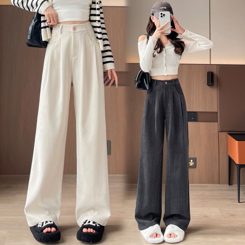 Jaqmine - Hoge taille effen corduroy wijde broek