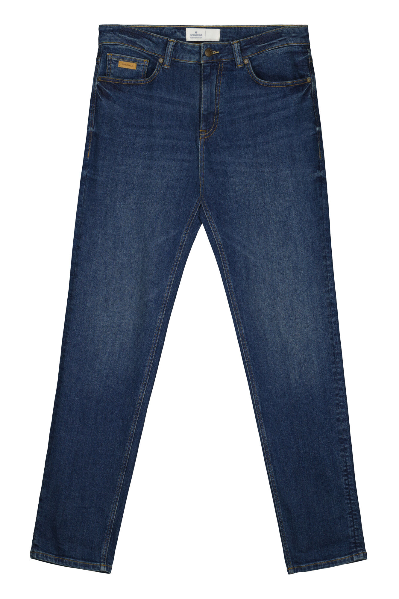 Calça jeans slim, lavagem clara escura, com detalhes desgastados.