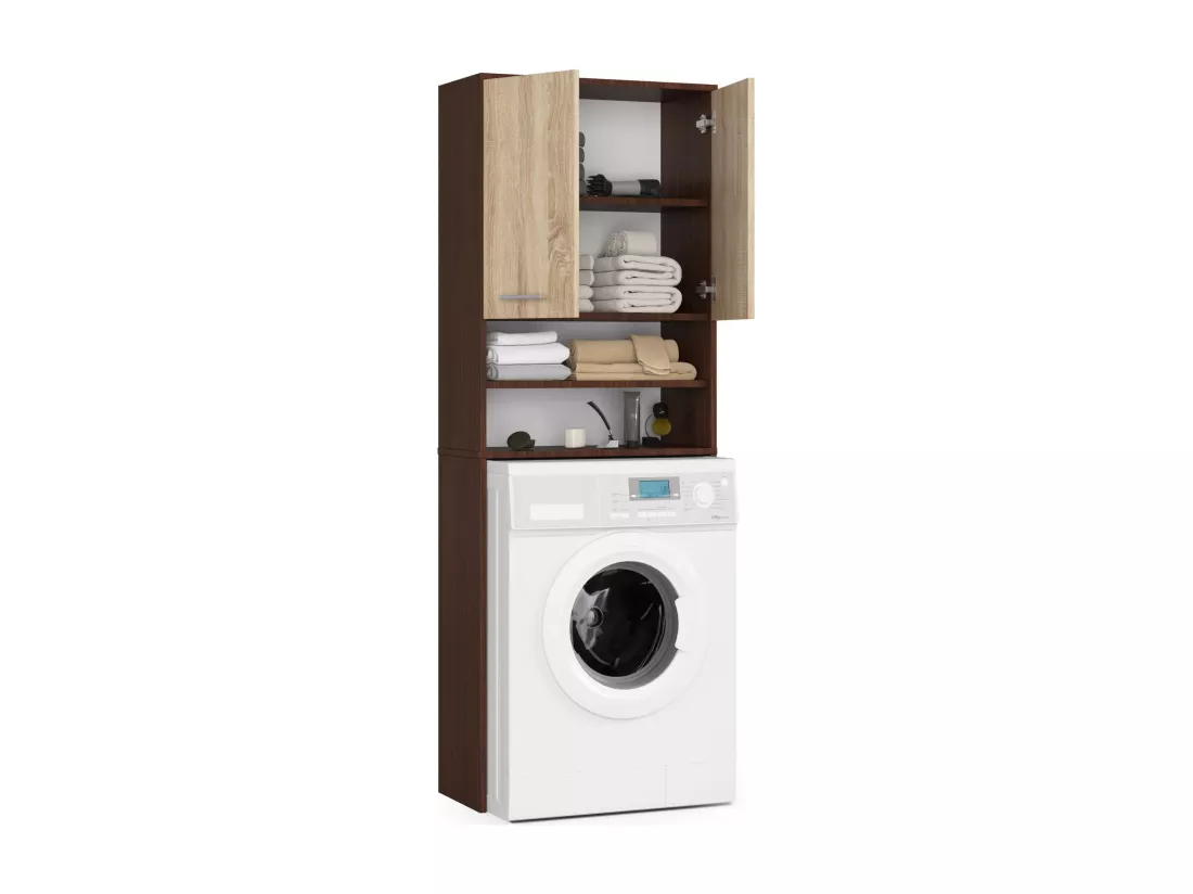 Meuble pour machine à laver FIN Wengé 64 cm 2 portes façade Chêne Sonoma niche 4 étagères 64x30x180 cm