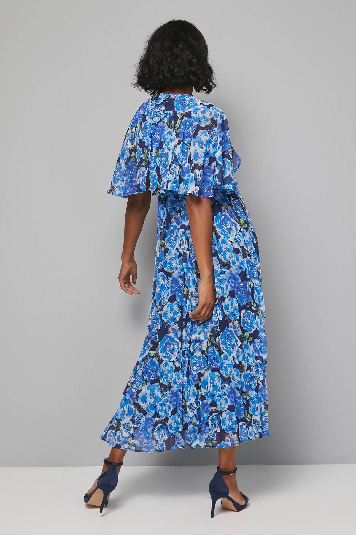Wallis Robe Midi à Imprimé Floral avec Manches Cape Plissées