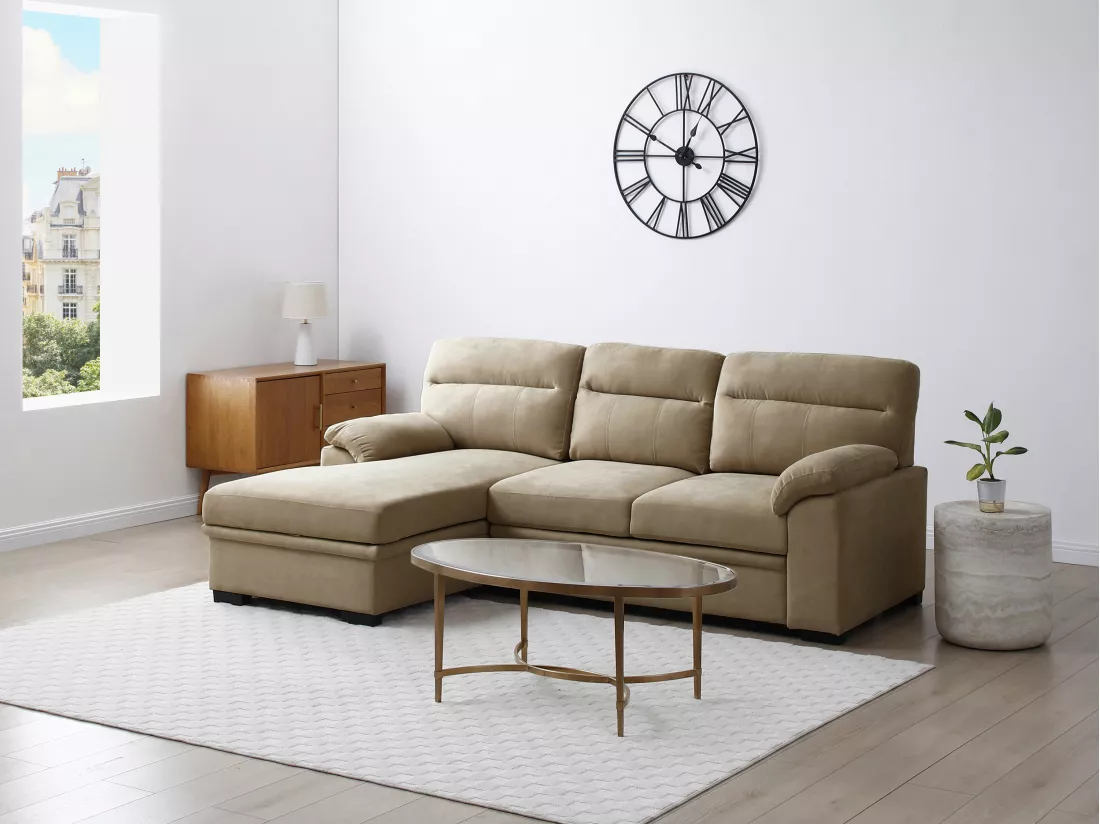 Canapé d'angle gauche convertible en tissu beige ULENIO