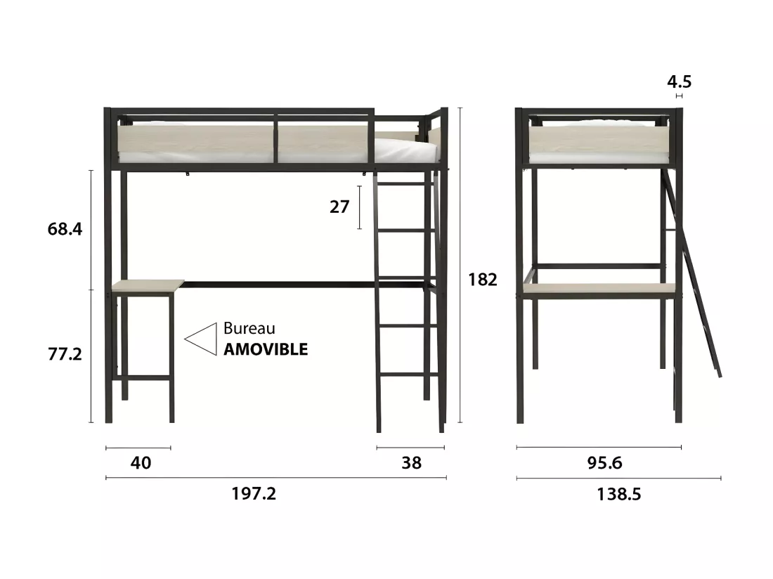 Lit mezzanine avec sommier et bureau en métal finition epoxy noire et mélamine imitation chêne - couchage 90 x 190 cm - DINO