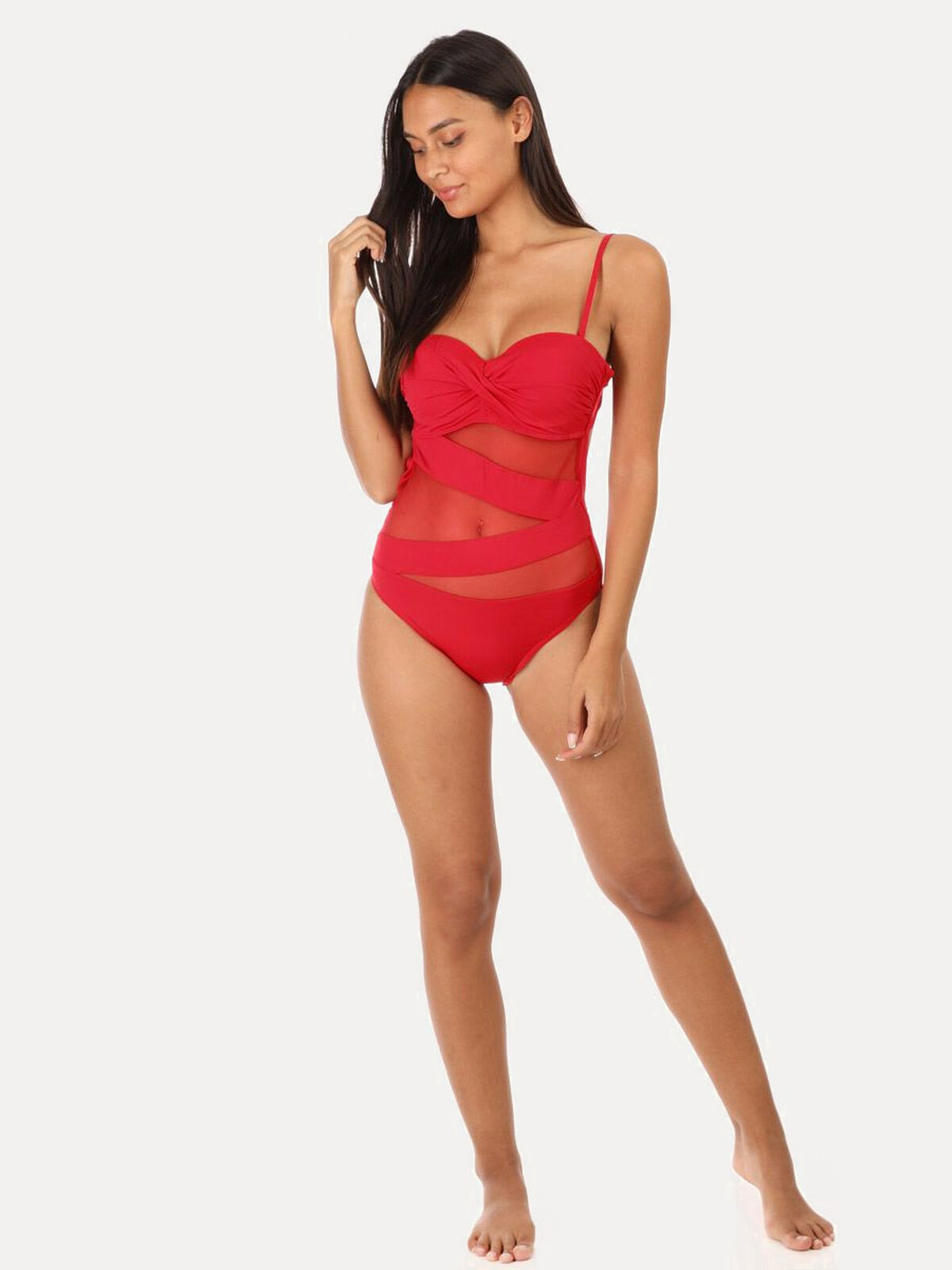 Maillot de bain avec empiècements en tulle- Rouge