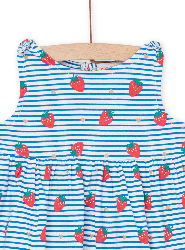 Robe à imprimés fraises, coeurs et à rayures blanches et bleues