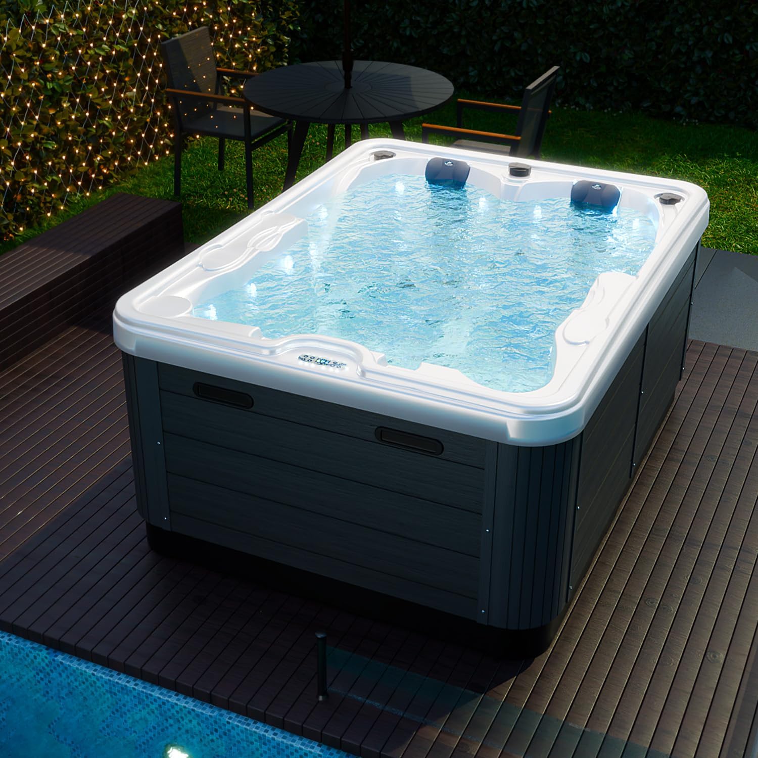 Tronitechnik® Outdoor Whirlpool Bottaro, 2 Personen, Winterfest isoliert, aus hochwertigem Sanitäracryl, Joyonway Spa Heizung und Bedienung, 46 Massagedüsen, 2 Liegeplätze, LED, 620 Liter