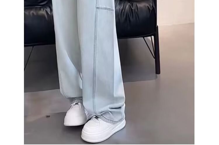 Wildfoea - High Waist Washed Wide Leg Jeans