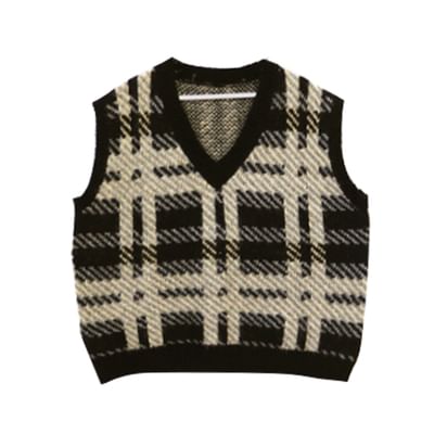 Tangihouse - Effen overhemd / geruit vest / asymmetrische A-lijn minirok