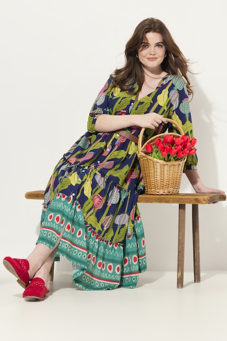 Maxikleid, Stehkragen, V-Ausschnitt, 3/4-Arm, Knöpfe
