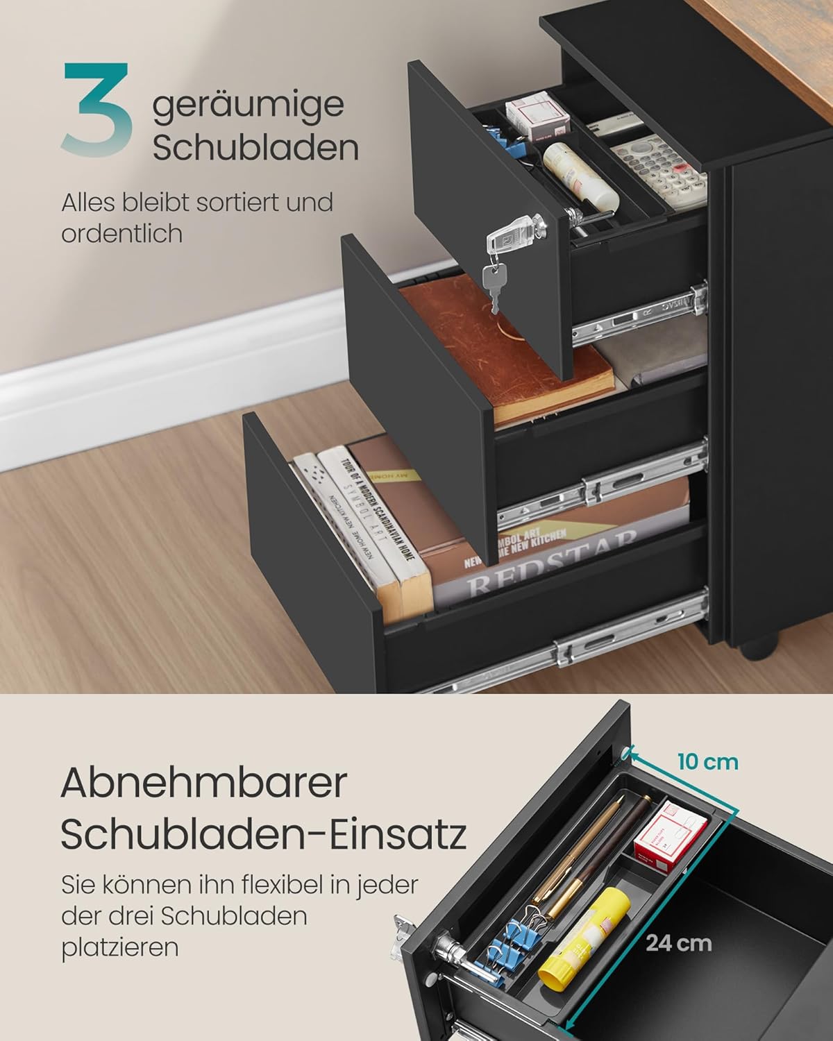 SONGMICS Schubladenschrank, Rollcontainer, mobiler Aktenschrank, Metallschrank, Druckertisch, abschließbar, 3 Schubladen, vormontiert, Büro, Homeoffice, 40 x 30 x 54 cm, Mattschwarz OFC079B01 NA5916099