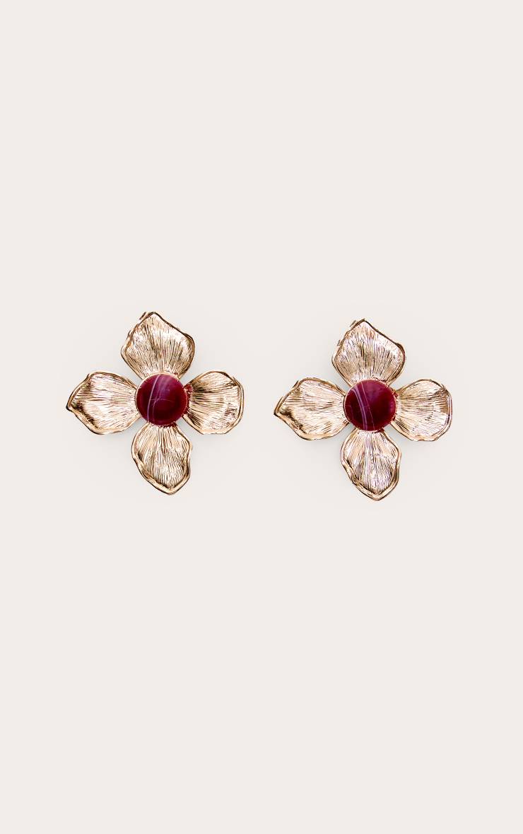 Doré Boucles D'oreilles Florales Texturées Bordeaux