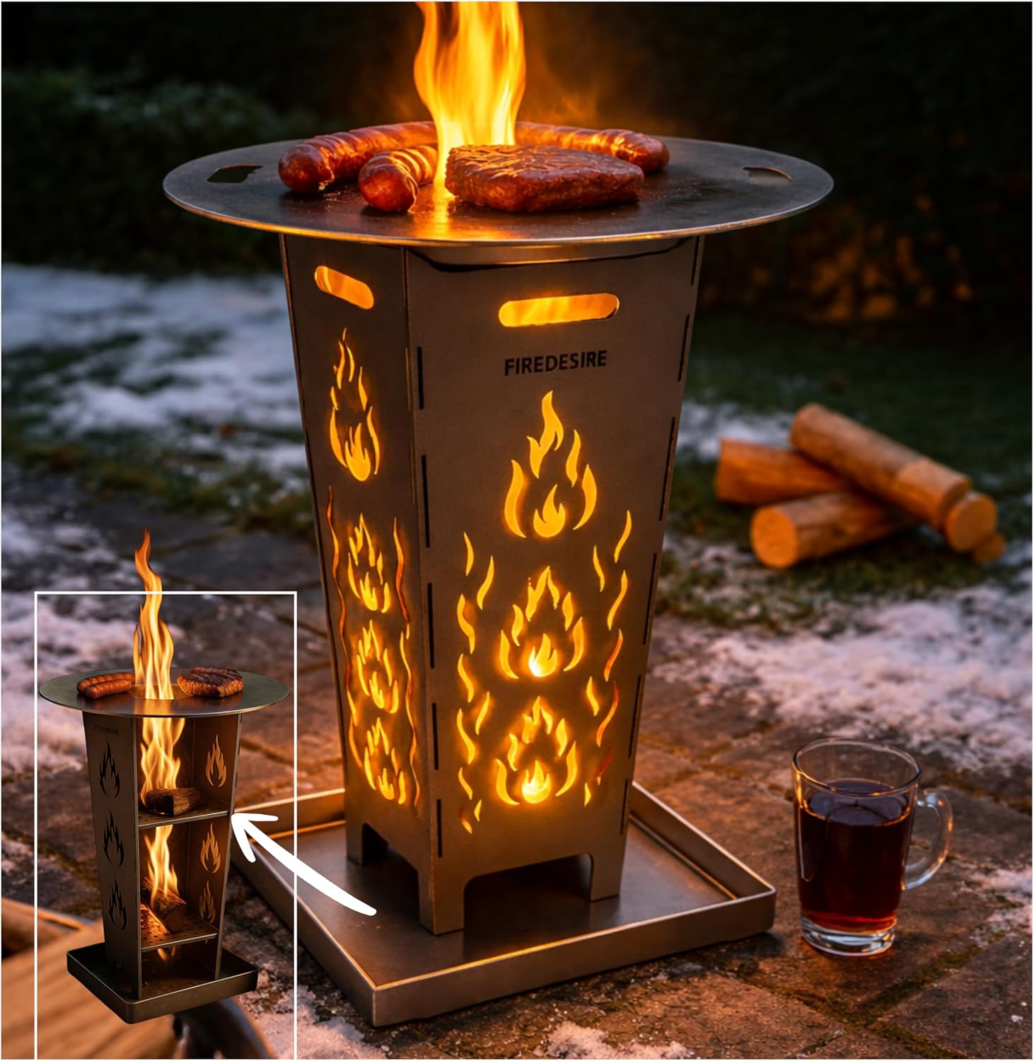 FireDesire Grill Pro Feuerkorb 80cm + Grillplatte + Ascheschale, Feuertonne, Feuerschale, Grilltonne, Ofen, Terassenofen, Grill, Stahlkorb, Plancha, Gartenfeuer