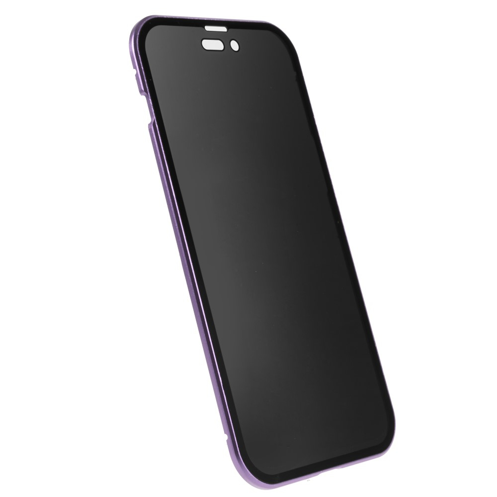 iPhone 14 Pro Max Magnetische Alu Schutzhülle mit Panzer Glas Backcover   Privacy Glas Displayschutz (Magnet-Technologie) - Violett