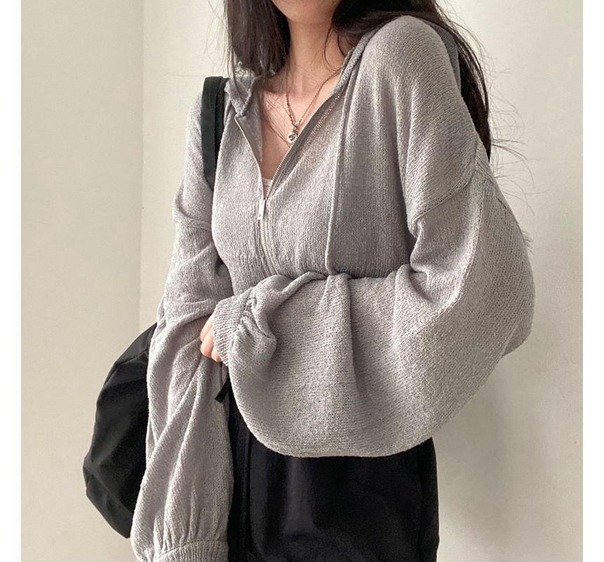 Brigitte - Effen cropped gebreide hoodie met rits