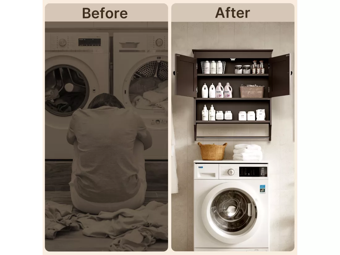 Bealife Meuble de Salle de Bain Mural Marron Foncé avec Étagère à Serviettes