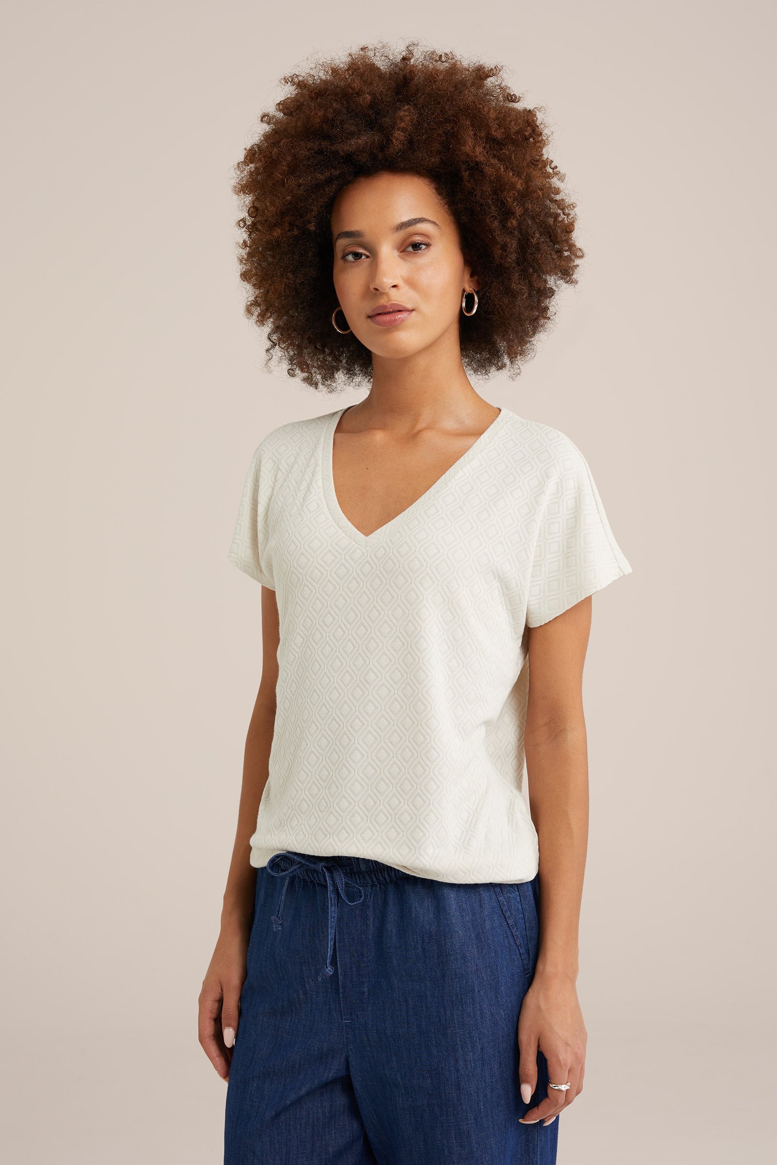 T-shirt met structuur WE Fashion Gebroken wit