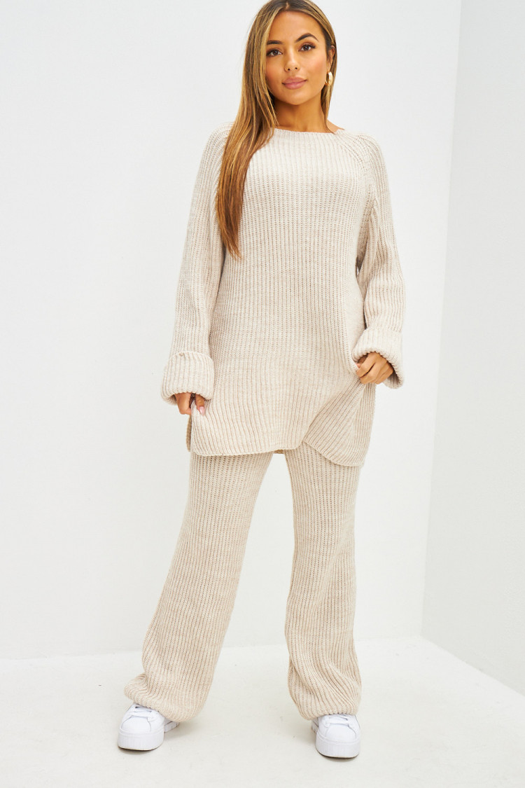 Ensemble 2 pièces pull long + pantalon en grosses mailles beige