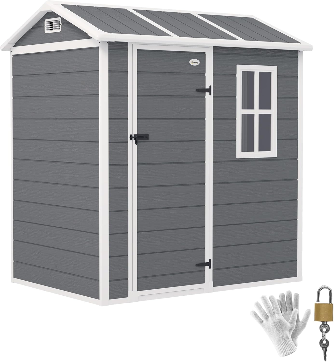 Outsunny Gerätehaus Kunststoff 2,1m² 186 x 130 x 199cm Geräteschuppen mit Satteldach Boden Fenster Abschließbarer Tür wetterfest Gartenhaus Outdoor Garten Schuppen für Hinterhof Grau