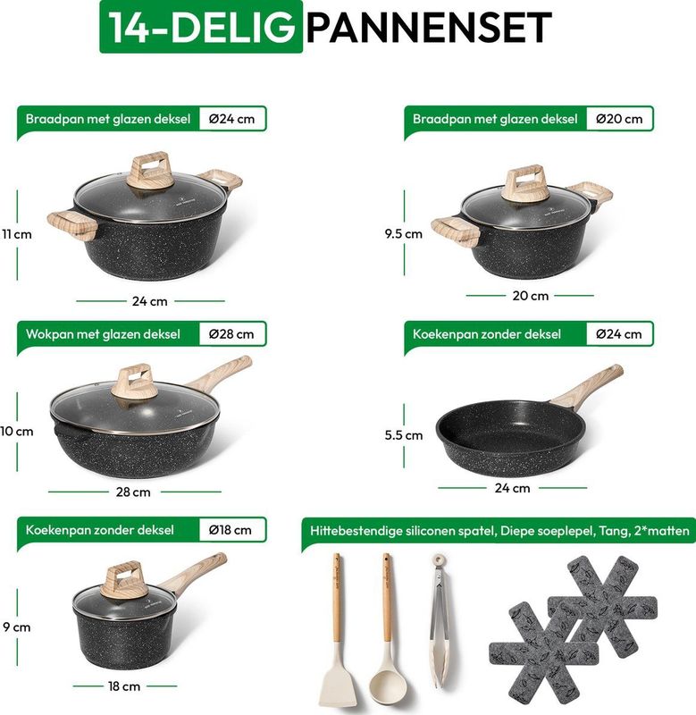 Just Perfecto 14 Delige Pannensets Inductie - Pannenset Met Deksel Voor Alle Warmtebronnen - Pannen Zonder PFOA - PFAS