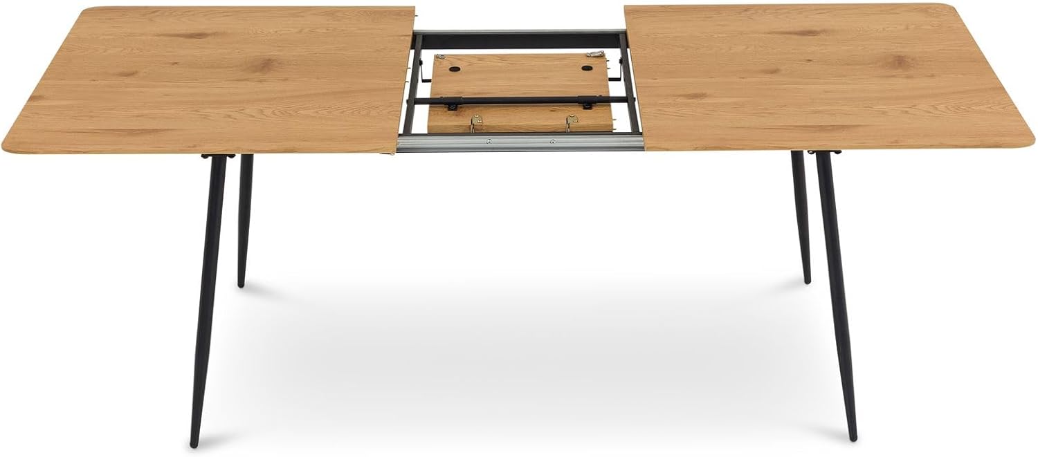Esstisch ORSA ausziehbar 160-200 x 80 cm, Eiche Finish - Esszimmertisch rechteckig, Küchentisch mit Butterfly-Einlegeplatte, moderner Esstisch für Essbereich, Metallgestell schwarz pulverbeschichtet