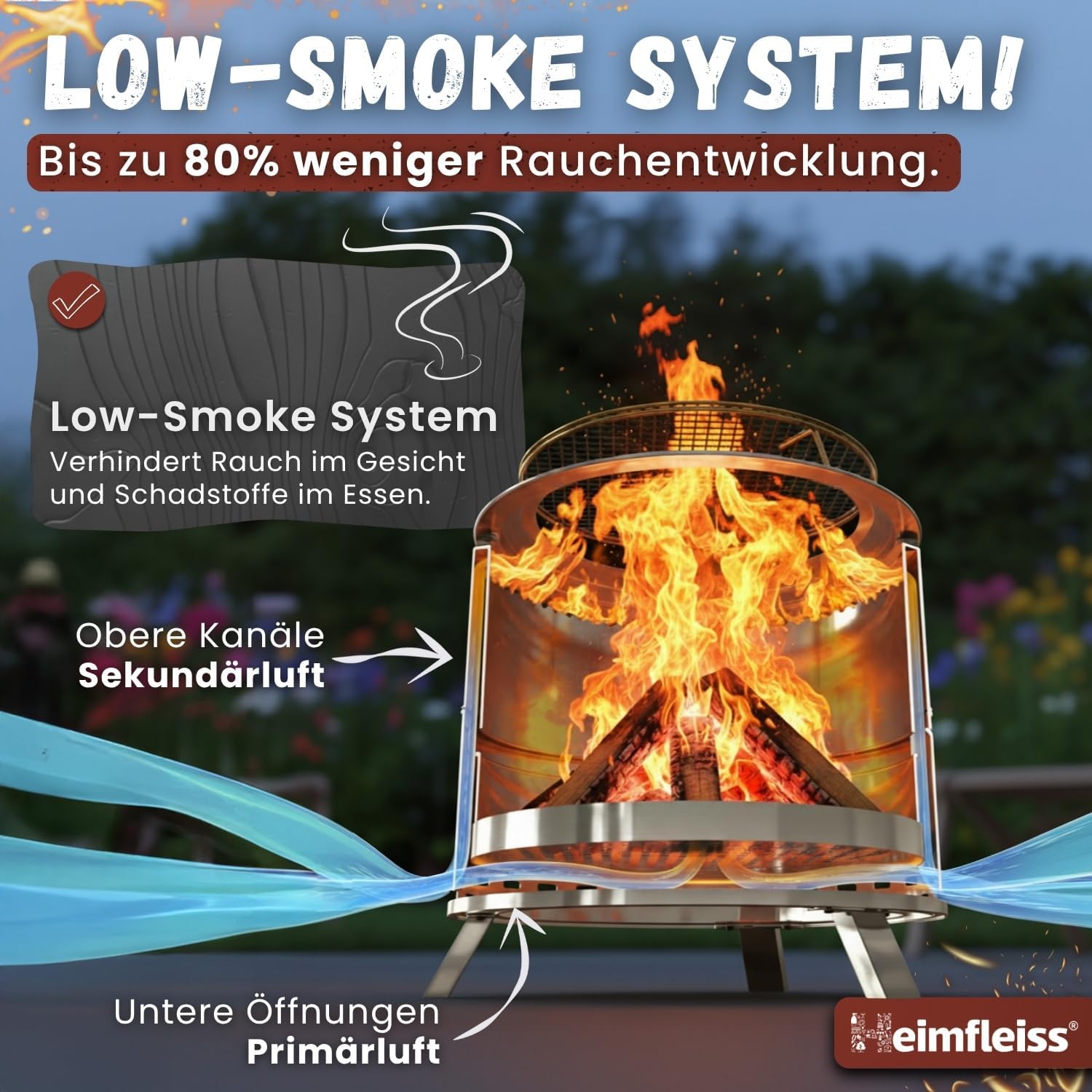 Heimfleiss® Rauchfreie Feuerschale Edelstahl Ø50cm | Feuerkorb mit Grillrost | Feuerschale Rauchfrei für Garten, Camping, Balkon & Terrasse | Rauchfreie Feuerstelle mit Grill | Feuertonne ohne Rauch