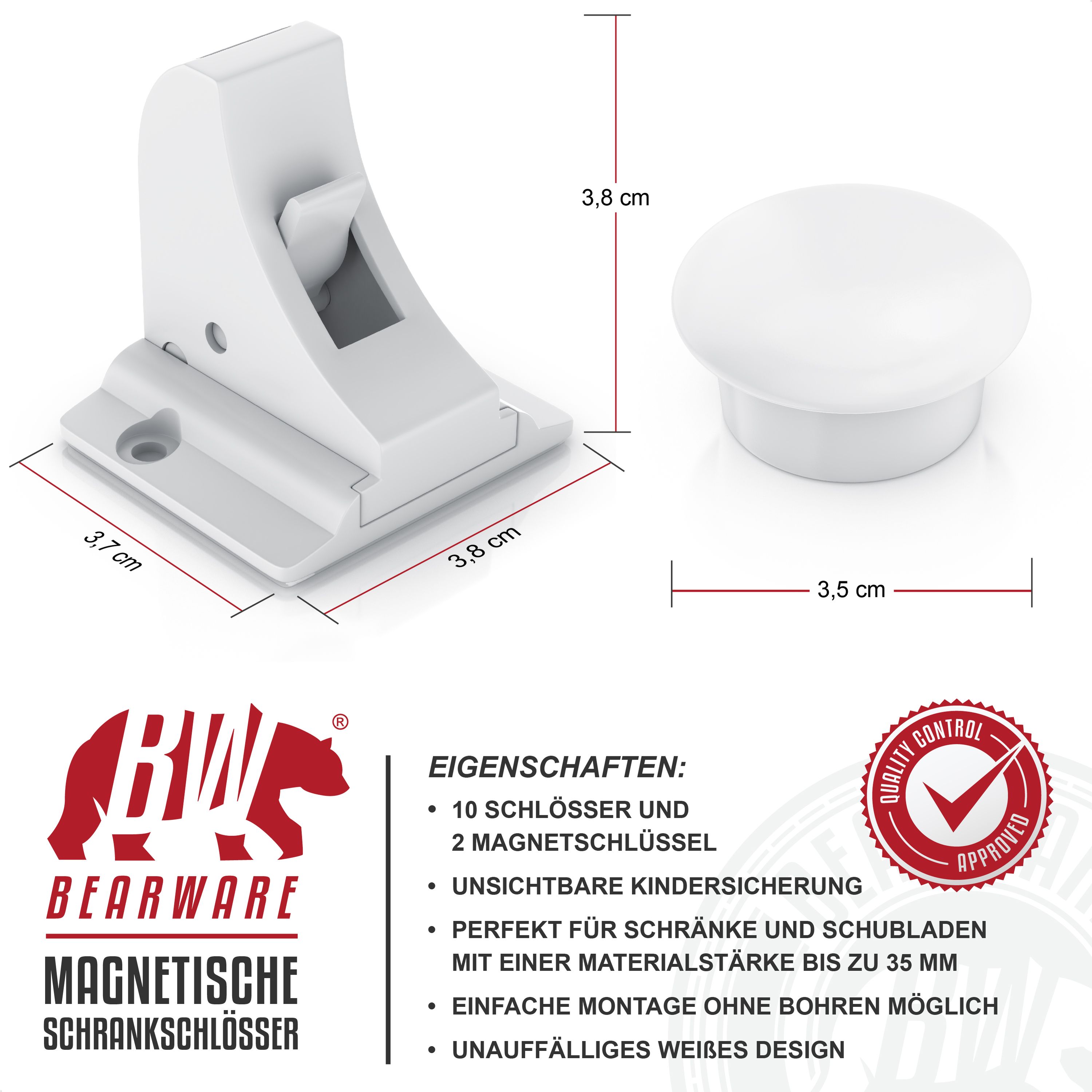 BEARWARE Babysicherung Schrankschloss - Schranksicherung Kindersicherung magnetisch - 10 Schlösser + 2 Magnet Schlüssel
