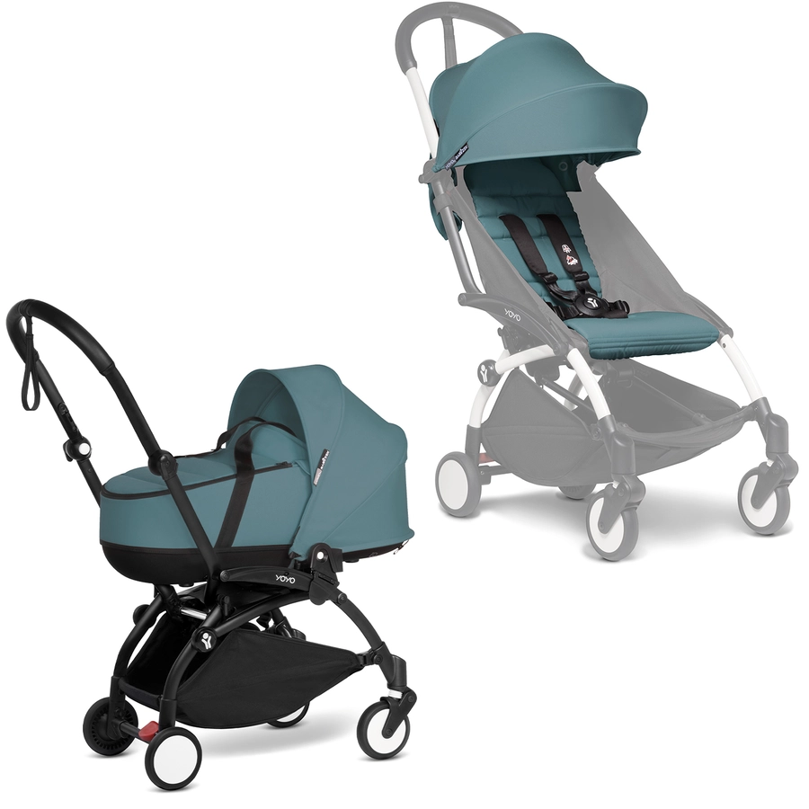 BABYZEN Kinderwagen YOYO2 0+ Black mit Liegewanne und Textilset Aqua