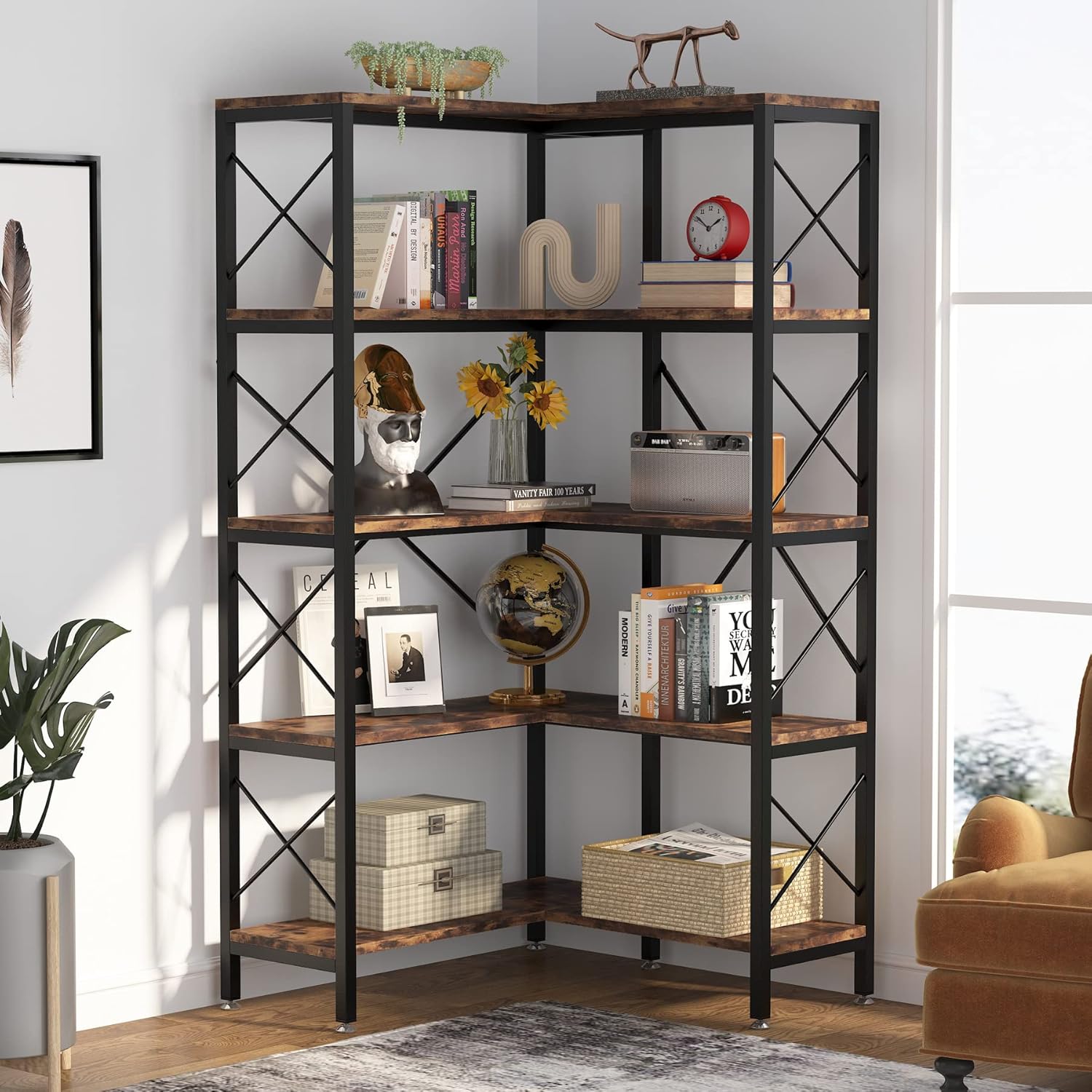 Tribesigns 5 Regal Eck-Bücherregal, großes modernes Eck-Bücherregal, 5-stöckiges hohes Eckregal, Aufbewahrungsregal mit Metallrahmen für Wohnzimmer, Heimbüro (Braun)