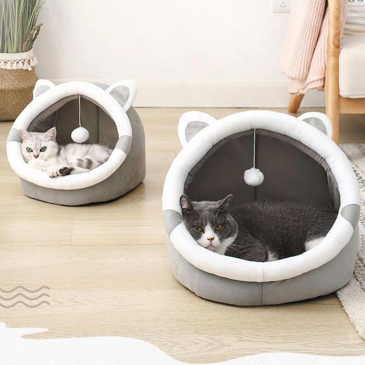 (34x37cm) Samt Haustier Bett Weiche Kuschel Höhle für Hunde / Katzen - Grau / Weiss