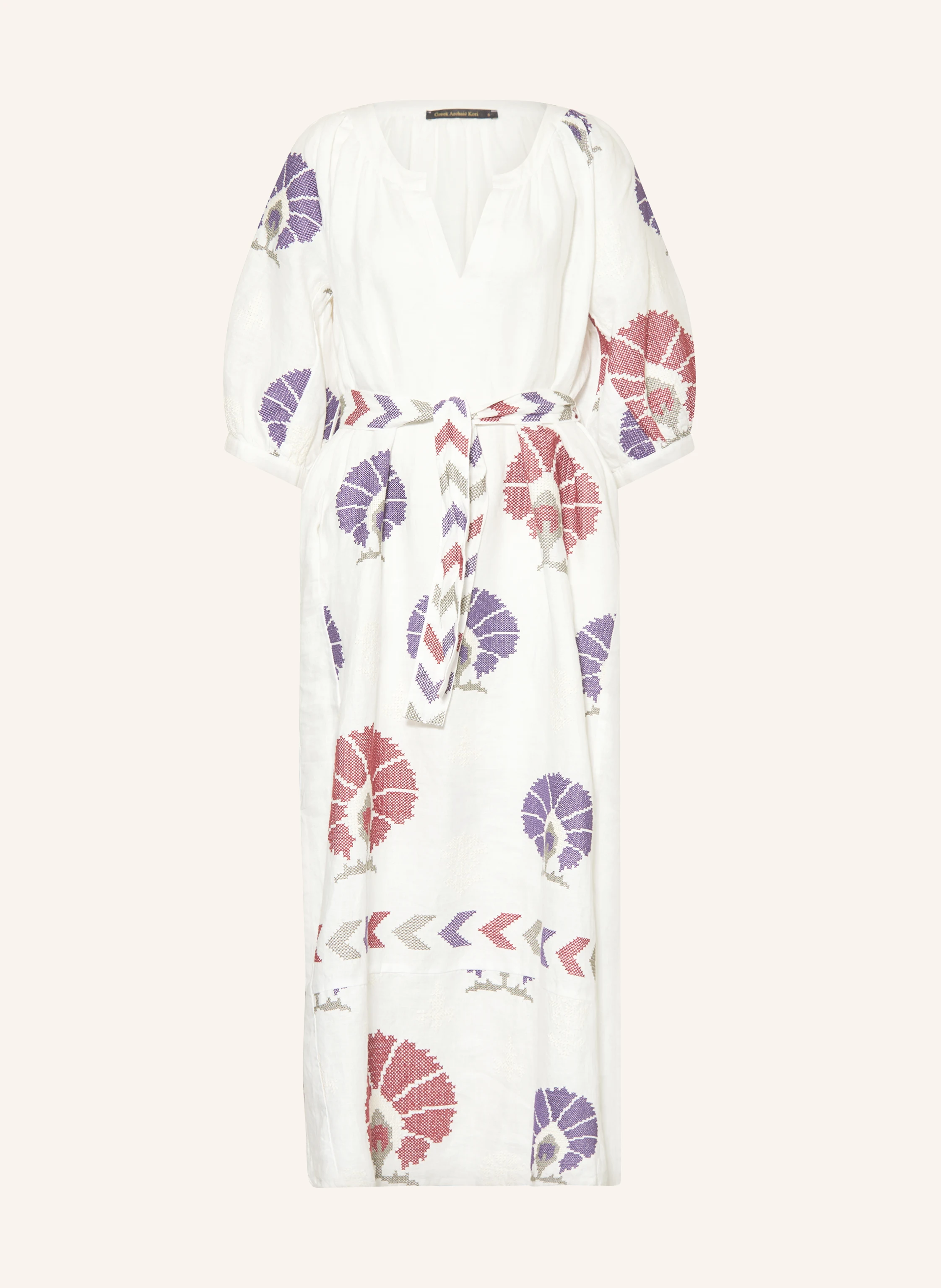 Greek Archaic Kori Strandkleid MINI PEACOCKS aus Leinen mit 3/4-Arm