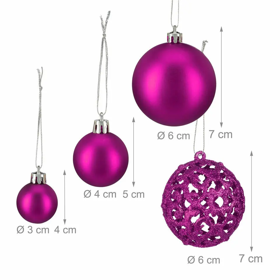 Relaxdays kerstballen - 50x - roze - 3, 4 en 6 cm -kunststof