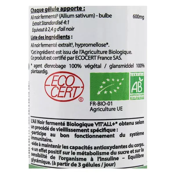 Vit'all+ Alho Negro Orgânico Fermentado 600mg 30 Cápsulas Vegetais