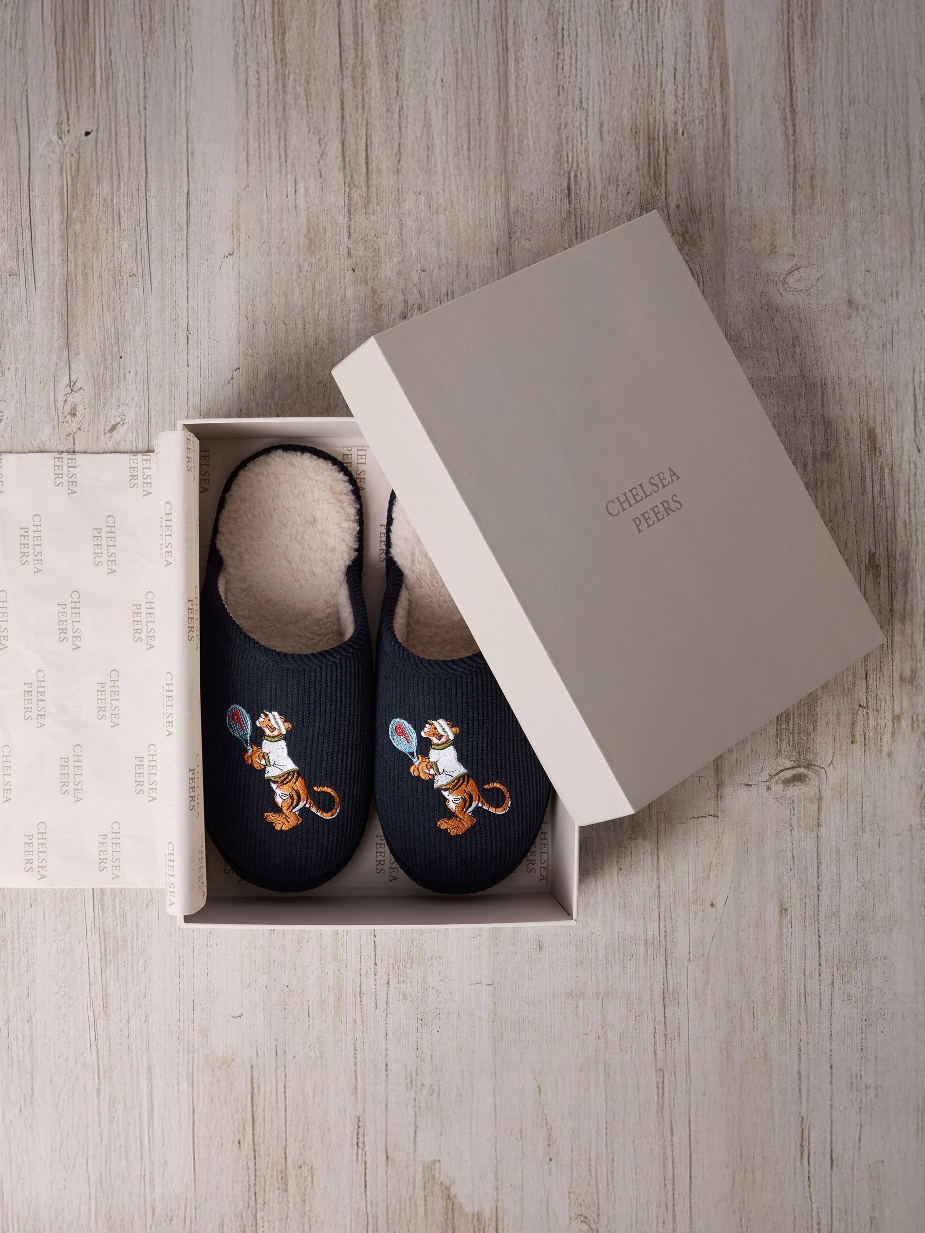 Chelsea Peers Corduroy Embroidered Tennis Tiger Slippers