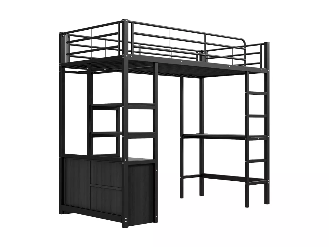 Lit mezzanine 90x200cm en métal - avec bureau + prises USB + barrières - Noir