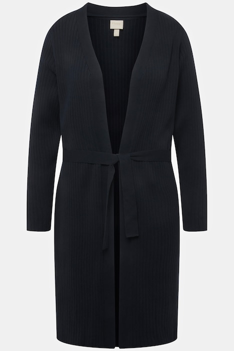 Long-Strickjacke, Rippstrick, Bindegürtel, V-Ausschnitt