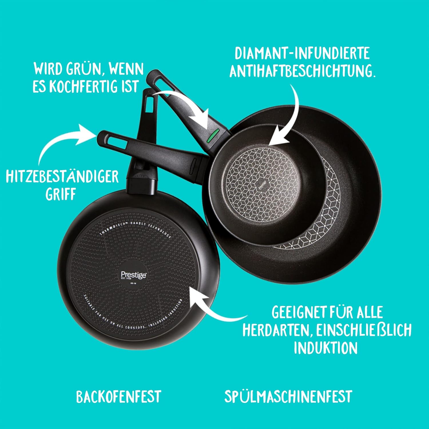 Prestige Thermo Smart Antihaftbeschichtetes Topfset Induktion - 16/18/20 Kasserole mit Deckel & 20/24 Bratpfanne - Ofen- & Spülmaschinenfest - PFOA-frei -- Aluminium - In Italien hergestellt
