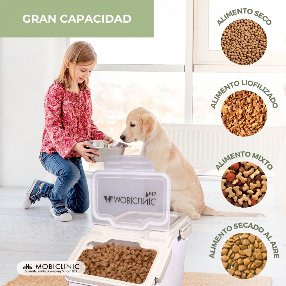 Recipiente para ração de animais de estimação | Branco | 20 litros | Vedação hermética | Com rodas | Inclui pá e copo medidor | FeedPet | Mobiclinic