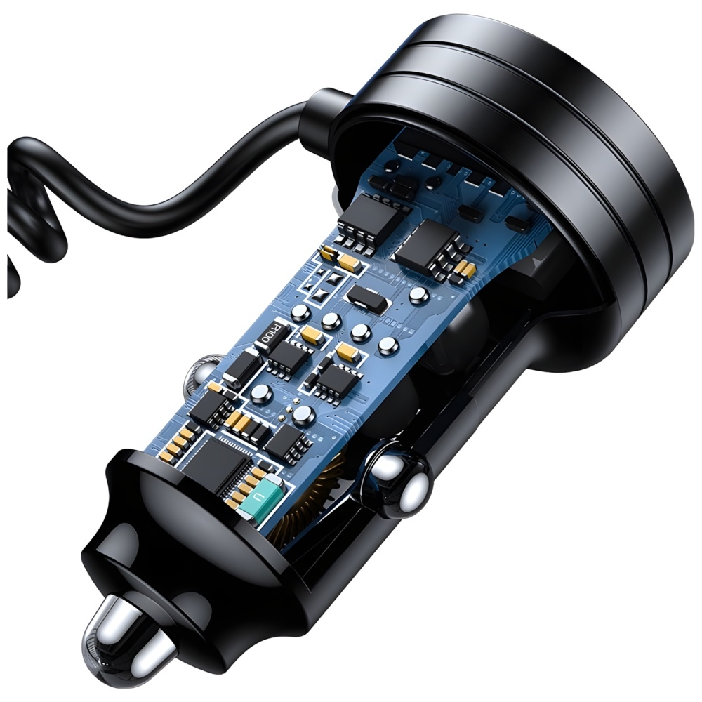 (60W) USB C / USB A Auto KFZ Ladegerät Car Charger für Zigarettenanzünder mit USB C Spiral Ladekabel (USA001245) - Schwarz