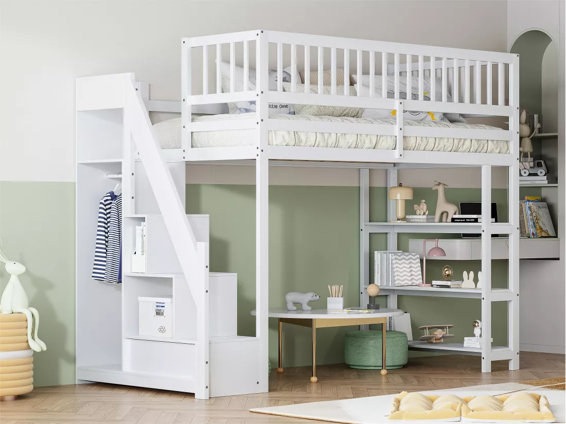 Lit mezzanine 90x200 cm en bois - avec étagères et une penderie - avec barres hautes - Blanc