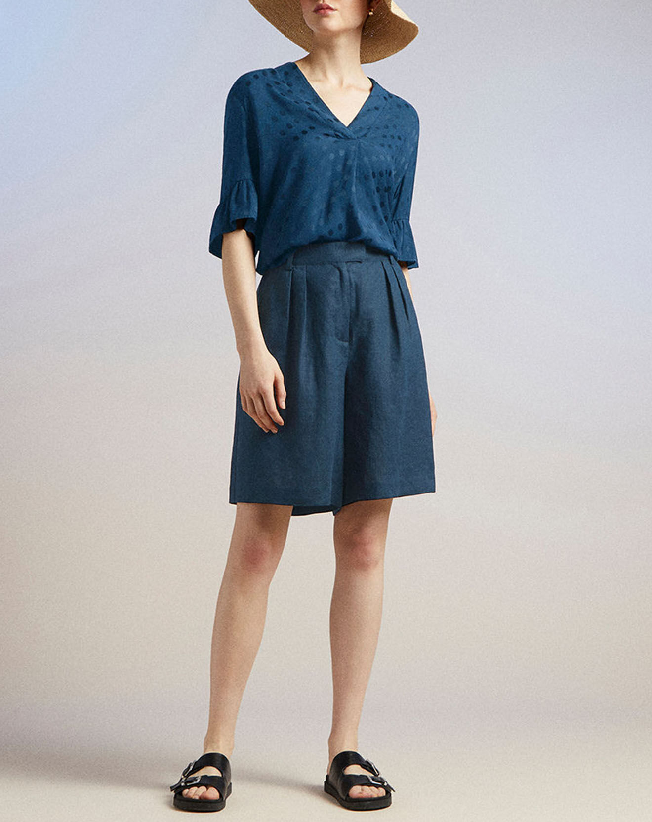 Jodhpur Short 100% Lin Acao bleu marine