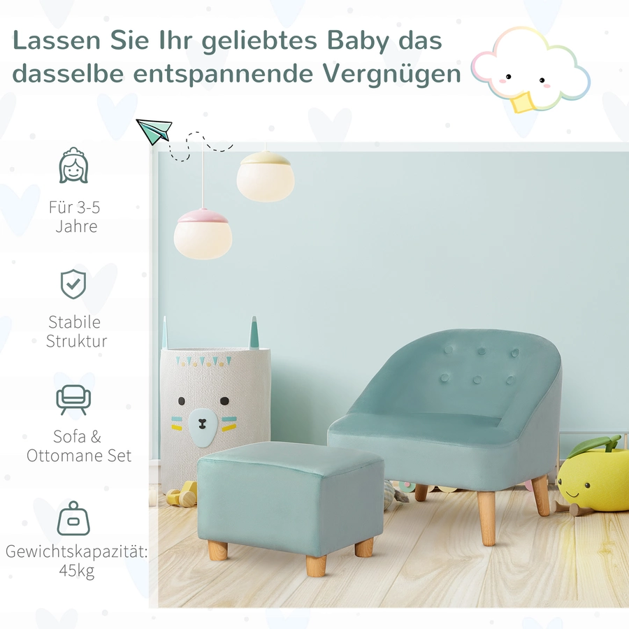 HOMCOM Kindersofa-Set mit Fußhocker grün