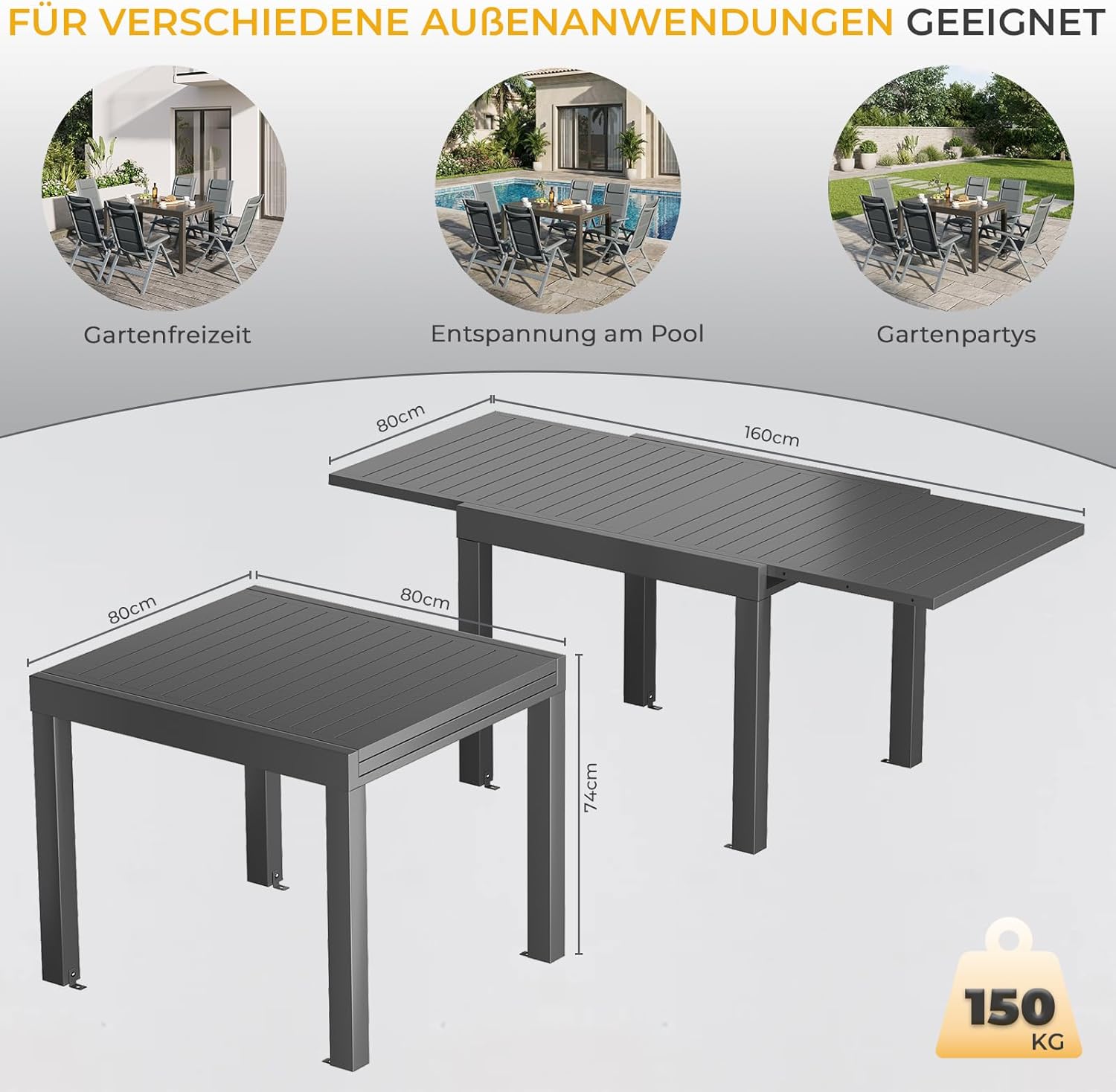 Gartentisch Ausziehbar, Gartentisch Wetterfest mit Aluminium, 80/160 x 75cm Esstisch Ausziehbar für 4-6 Personen, Geeignet als Gartentisch Partytisch Balkontisch, Dunkelgrau